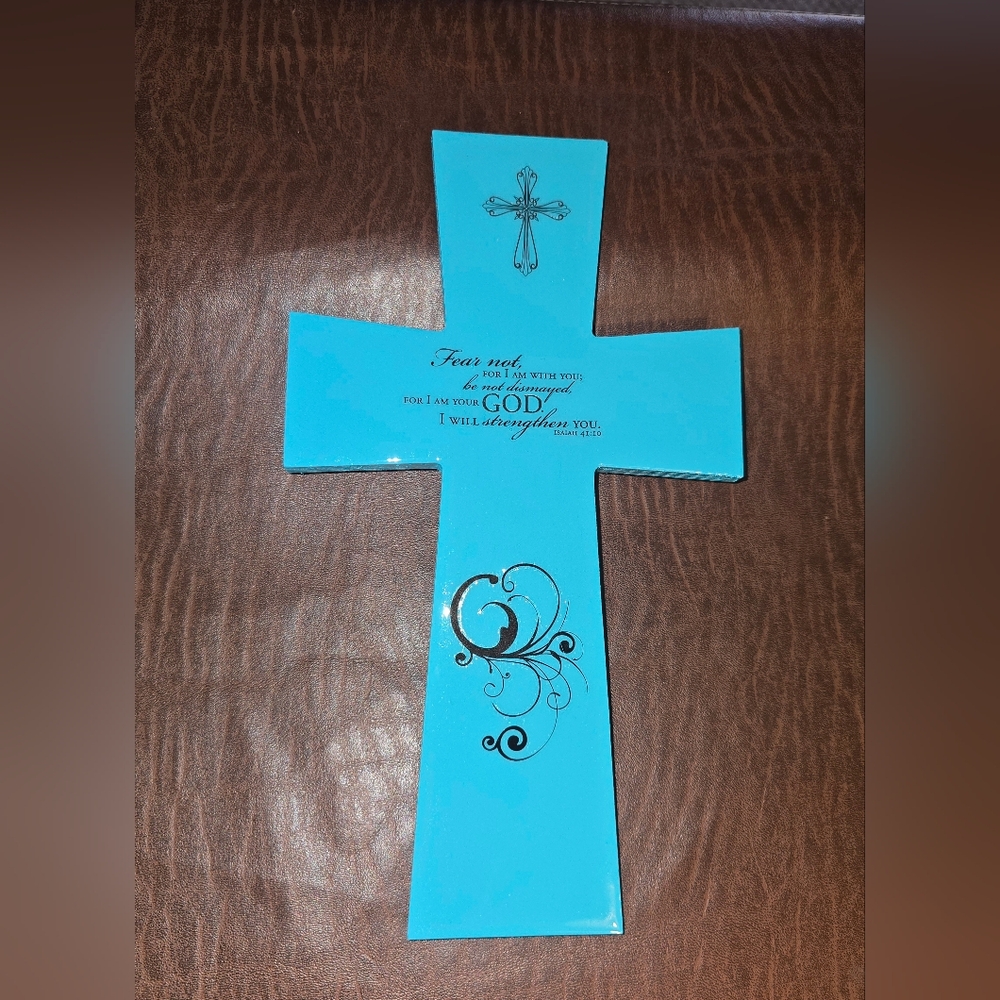 11 inch turqouise/Blue wood cross , painted, resin sealed.